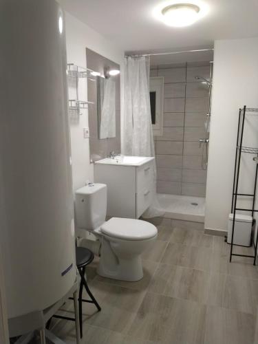 une salle de bain avec toilettes, lavabo et baignoire dans l'établissement Les Asclepiades, à Argelès-sur-Mer