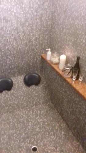 a shower stall with two sinks and a shelf at Casa Cris in Brentonico