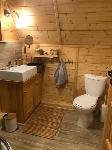 a bathroom with a white toilet and a sink at Lawendowy Brzeg in Jaryszewo