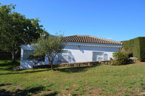 uma casa branca com uma árvore no quintal em Casa Oliva Playa Bolonia em Tarifa