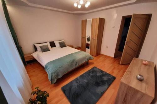 1 dormitorio con 1 cama y suelo de madera en Apartament Cristina - Băile 1 Mai, Felix, Bihor, reducere jumătate intrare Aquapark President, en Baile 1 Mai