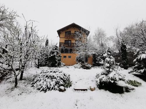 ein Gebäude in einem schneebedeckten Hof in der Unterkunft Casa Bunicii Comarnic in Comarnic