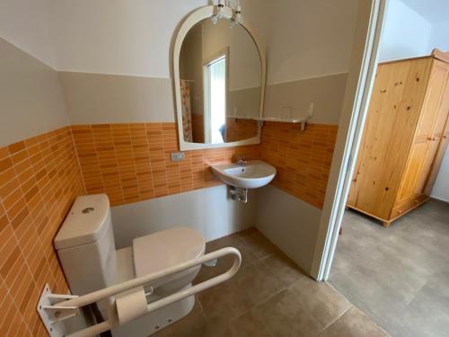 a bathroom with a toilet and a sink and a mirror at Apartamentos Sinás Playa in Raxo