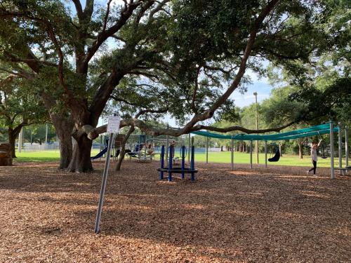 a park with a playground with a tree and swings at House 3br 1-bath, 8-min from Indian Rocks Beach, nice park thru back gate in Largo