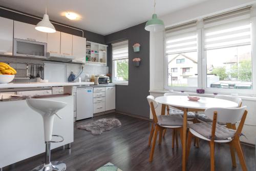 a kitchen with a table and chairs in a kitchen at Apartment Amra in Visoko