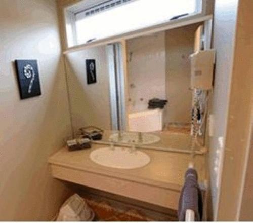 a bathroom with a sink and a mirror at Fitzherbert Court Motel in Hokitika