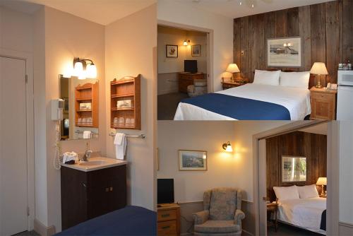 2 fotos de una habitación de hotel con cama y baño en Isaiah Tubbs Resort, en Picton