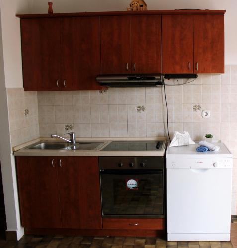 a kitchen with wooden cabinets and a sink and a dishwasher at Apartment Krajacic in Krk