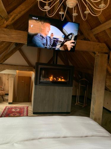 ein Wohnzimmer mit einem Kamin und einem Flachbild-TV in der Unterkunft B&B De Rentmeesterhoeve in Reningelst