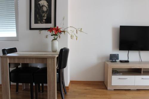 a dining room table with black chairs and a television at Apartment Anagastum in Nikšić