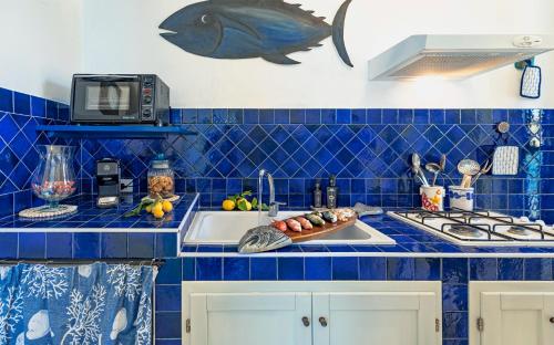 a blue tiled kitchen with a fish on the wall at Dimore di mare - Beachfront Apartments in Santa Flavia