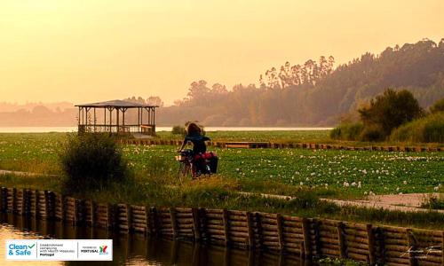 a woman riding a bike in a field with a gazebo at Hotel Conde de Agueda in Águeda