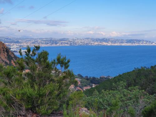 - une vue sur l'océan depuis la montagne dans l'établissement Grand studio calme avec piscine - Mandelieu, à Mandelieu-la-Napoule
