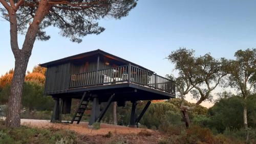 a tree house with a deck on a stand at Ying Yang Monte da Lua in Comporta