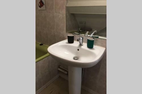 - un lavabo dans une salle de bains avec 2 tasses dans l'établissement Appartement 4 couchages , équipé de la fibre, à Briare