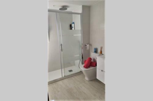 uma casa de banho com um WC e uma cabina de duche em vidro. em JAVEA PARK 4-19 em Xàbia