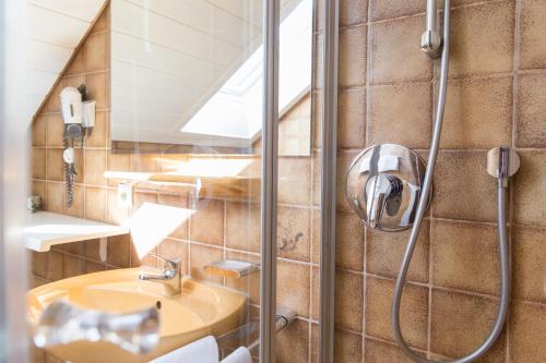 y baño con ducha y lavamanos. en Pension Auszeit, en Langenargen