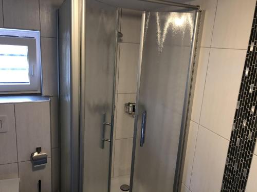 a shower with a glass door in a bathroom at WiesenBlick Plettenberg in Plettenberg