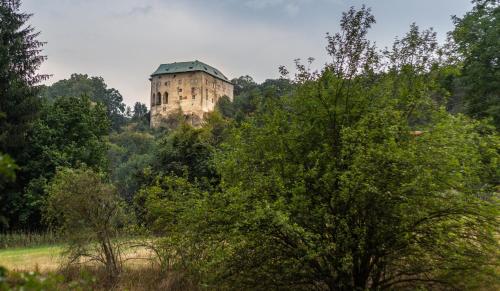 an old castle in the middle of the forest at Hájovna hradu Houska in Doksy