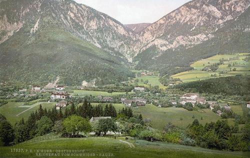a town in a valley with mountains in the background at Hotel Marienhof in Reichenau