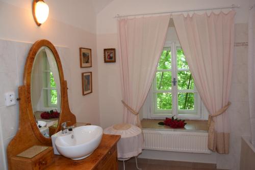 La salle de bains est pourvue d'un lavabo, d'un miroir et d'une fenêtre. dans l'établissement Hájovna hradu Houska, à Doksy