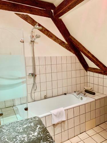 een badkamer met een bad en een douche bij Gite "Le Muscat" à Riquewihr in Riquewihr