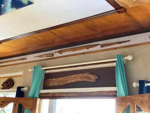 a wooden ceiling with a dinosaur fossil on a wall at Mouggae Blues Villas in Beau Vallon