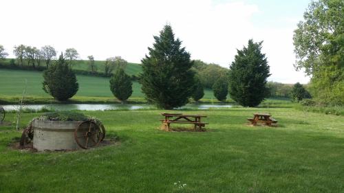 two picnic tables in a field next to a pond at Chambre d'Hôtes Le Moulin d'Encor in Seysses-Savès
