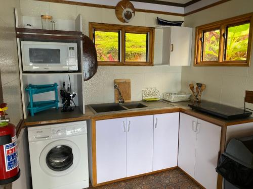 a kitchen with a washing machine and a microwave at Mouggae Blues Villas in Beau Vallon