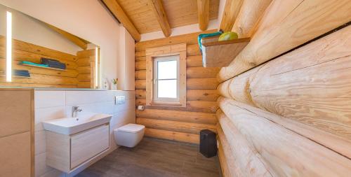 Baño en una cabaña de madera con lavabo y aseo en Sankt Georgimühle, en Kallmünz