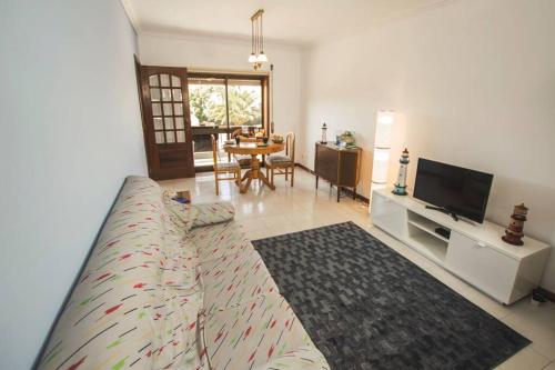 a living room with a couch and a tv at CASA DOS FARÓIS GARAGEM GRATUITO PRAIA DA BARRA in Gafanha da Nazaré