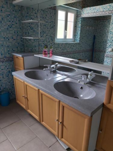 a bathroom with two sinks and a mirror at La maison dans les prés in Labaroche
