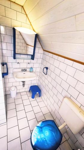 a bathroom with a blue toilet and a sink at Gästehaus Zur alten Post in Dornumersiel