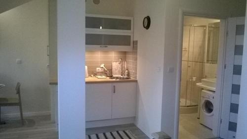 a white kitchen with a sink and a washing machine at Bursztynowy 2 in Karwia