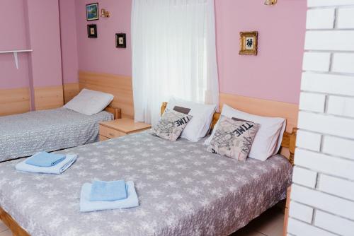 2 Betten in einem Zimmer mit rosa und lila Wänden in der Unterkunft Vila Verona Sobe in Palić