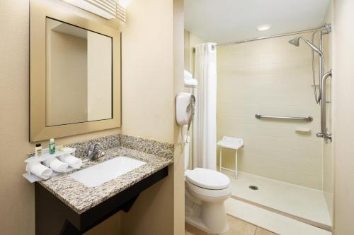 ein Bad mit einem WC, einem Waschbecken und einer Dusche in der Unterkunft Holiday Inn Express & Suites Alpharetta, an IHG Hotel in Alpharetta