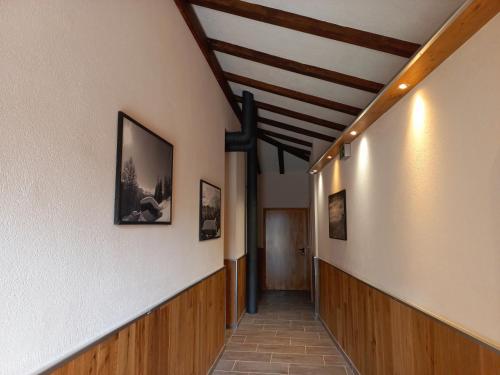 a hallway of a building with paintings on the walls at Dorf.Apart in Neustift im Stubaital