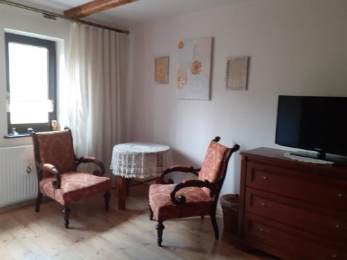 a living room with two chairs and a tv and a table at Agroturystyka Łysa Góra in Jelenia Góra