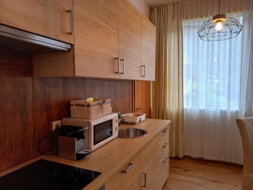 a kitchen with a sink and a microwave on a counter at Dorf.Apart in Neustift im Stubaital
