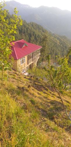 ein Haus mit rotem Dach auf einem Hügel in der Unterkunft Shanti Jungle cottage in Mashobra