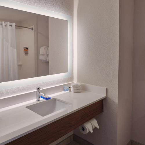 a bathroom with a white sink and a mirror at Holiday Inn Express Hotel and Suites Akron South-Airport Area by IHG in Akron