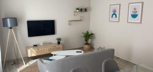 sala de estar con sofá y TV en Apartamento Cadiz Centro Fabio Rufino, en Cádiz