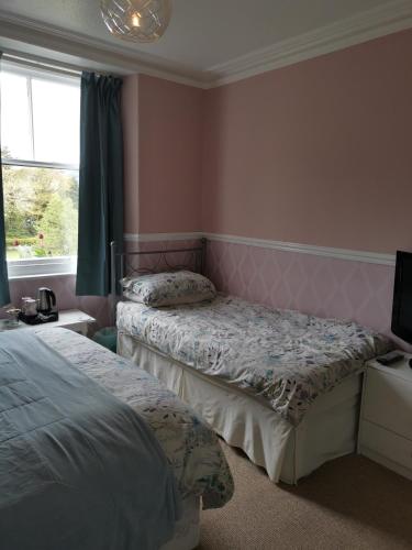 a bedroom with two beds and a television in it at Brooklands Guest House in Bowness-on-Windermere
