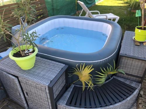 a hot tub with potted plants on a patio at blue room, kitchenette in Chaumont