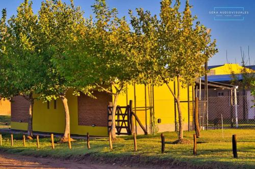 Victorica的住宿－Cabañas bajos medanales，前面有树木的黄色建筑