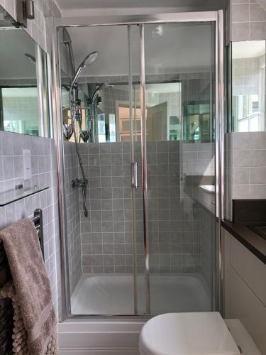 a bathroom with a shower and a toilet at The Old English Rooms in Falmouth