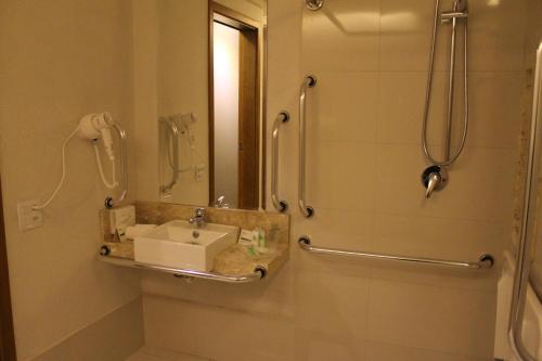 戈亞尼亞的住宿－Holiday Inn - Goiania, an IHG Hotel，浴室配有盥洗盆和带镜子的淋浴