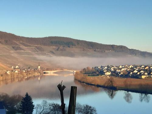 a misty river with a bunch of buildings and a bridge at Hotel Café Alt-Piesport in Piesport