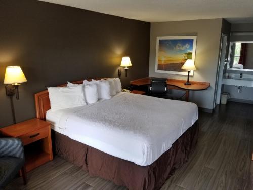 Habitación de hotel con cama grande con almohadas blancas en Days Inn by Wyndham Wilson, en Wilson