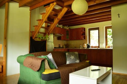 ein Wohnzimmer mit einem Sofa und einer Küche in der Unterkunft Zacisze nad Sanem Załuż 129 in Załuż